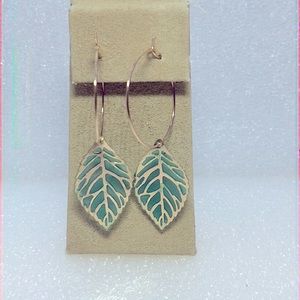Teal color wire hoop earrings with leaf design